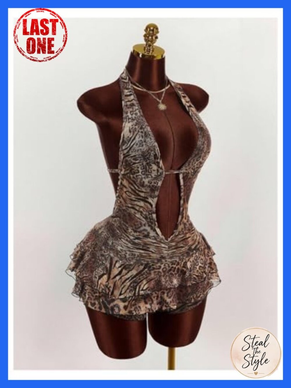 Leopard Print Halter Romper Backless Ruffle Hem Club Rave Outfit - Picture 2 of 4